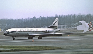 An Air France Caravelle III deploys a braking parachute, which was used before the development of thrust reversing engines. (Lars Söderström)